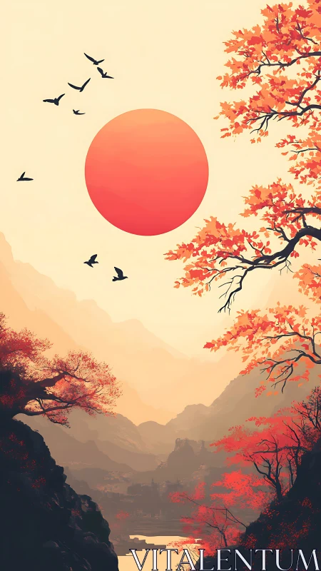 Crimson sun hangs over misty valley with vivid autumn trees