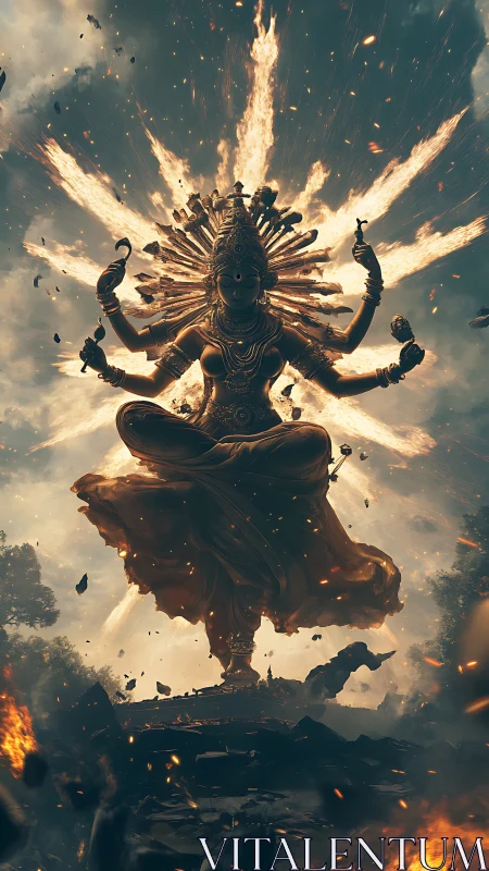 Divine multi-armed deity levitating amid eruptive firestorm.
