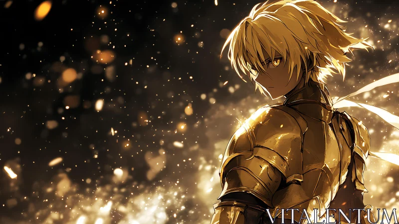 Golden armored warrior amid luminous ember storm.