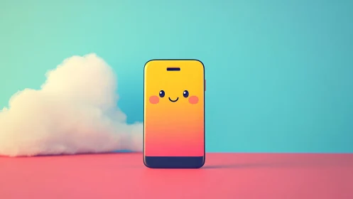 Cheerful Smiling Phone Character Brightens Colorful Landscape