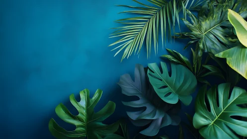 Lush tropical leaves rest calmly on a deep teal backdrop