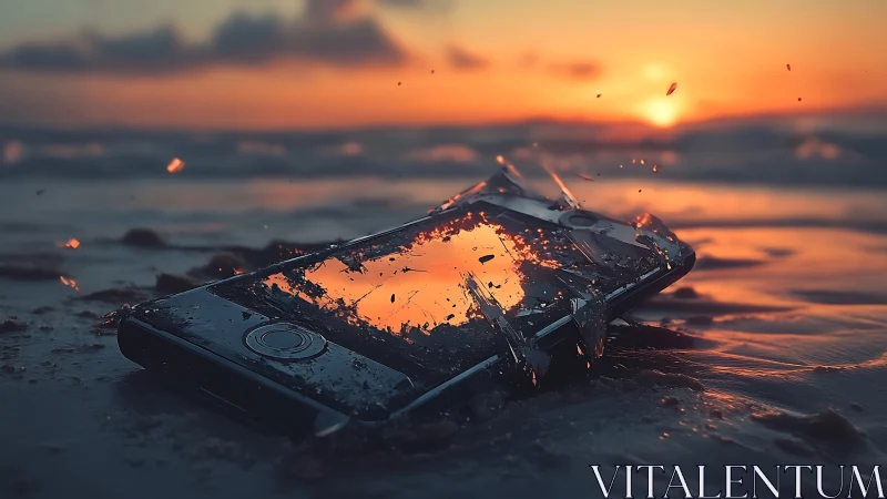 Broken smartphone lies in wet sand while screen shatters