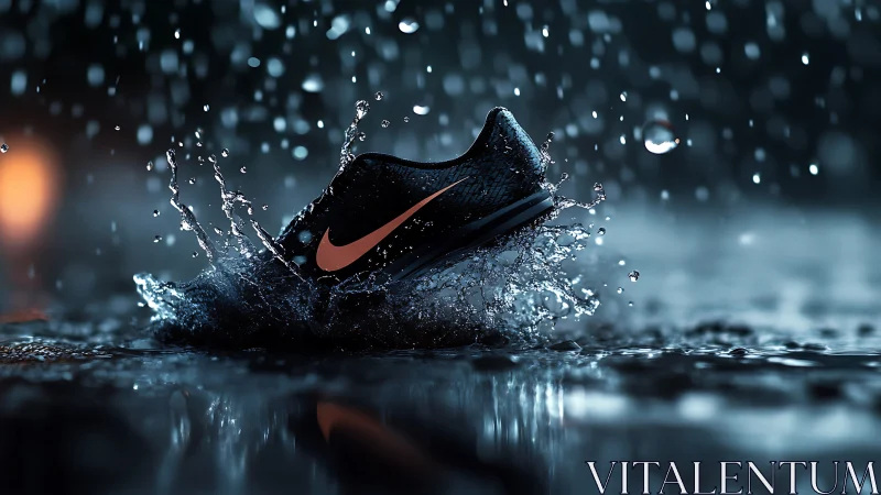 Night rain sprint: a lone running shoe splashes forward.