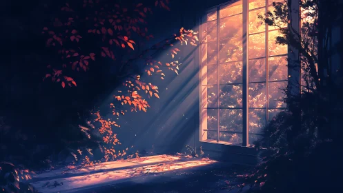 Sunlit autumn leaves cast warm rays through tall window