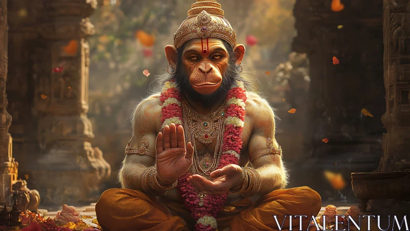 Sacred simian sage offers calm blessings in jeweled stillness
