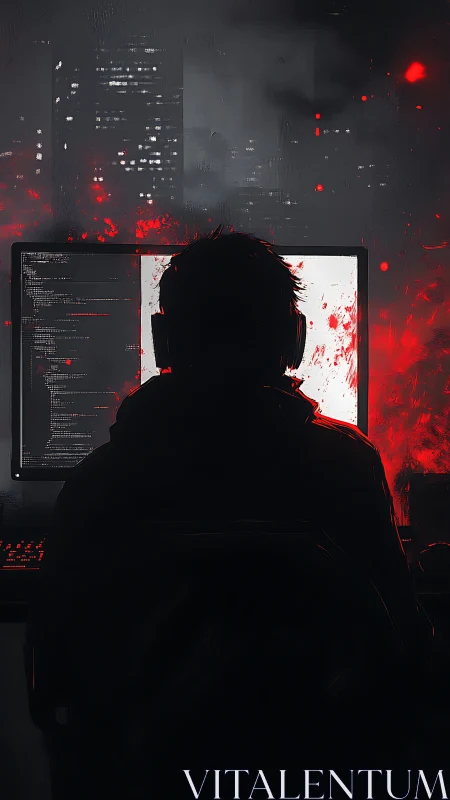 Night coder leans into glowing screens and city sparks