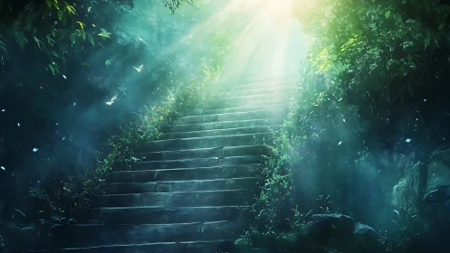 Stone stairway ascends through misted forest under volumetric light