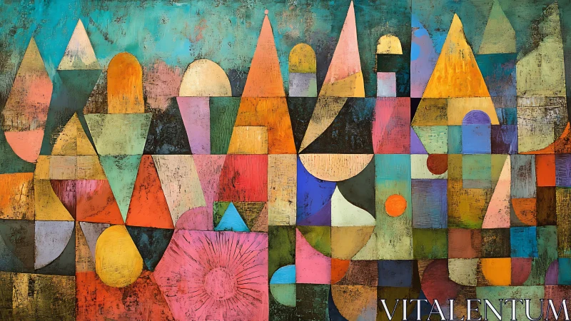 Geometric cityscape in layered pastel polygons and textures.