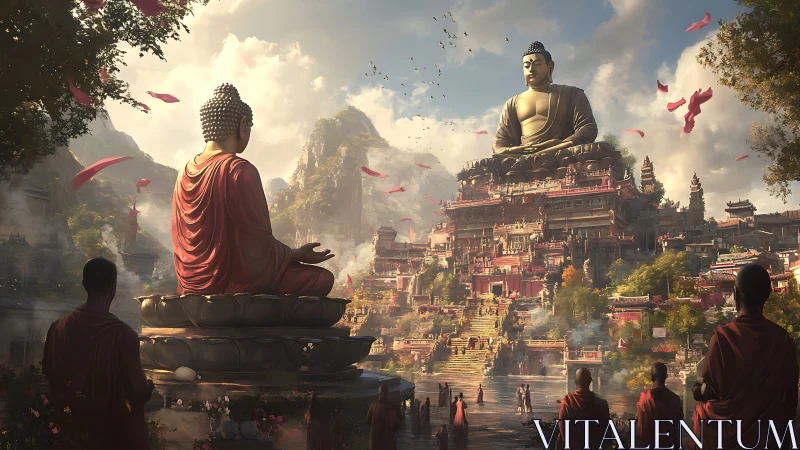 Mountain temple city under colossal Buddha guardians.