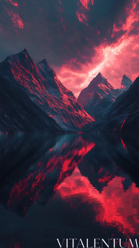 Crimson storm sky ignites jagged mountains above dark lake