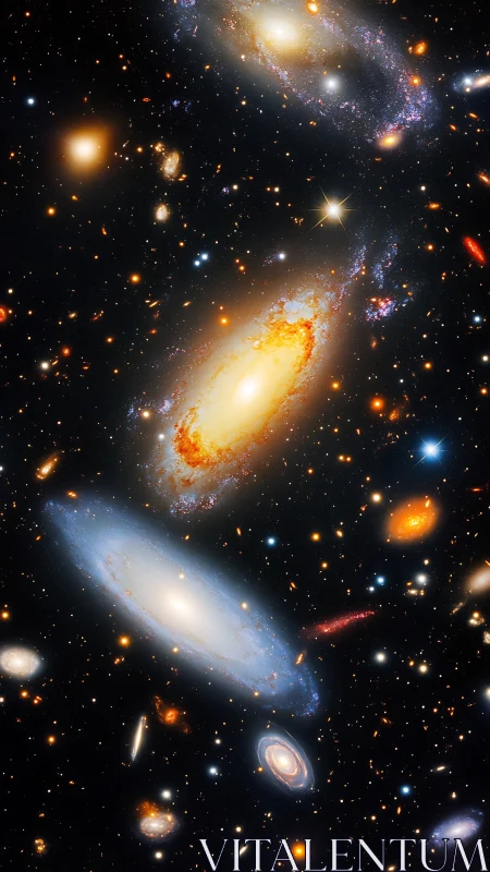 Spiral galaxies drift through dense star-streaked cosmos.