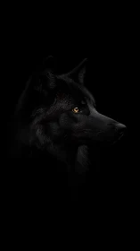 Black wolf profile with vivid amber eye on dark void.