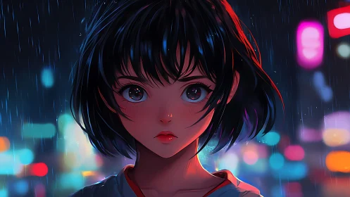 Rainy city glow frames a thoughtful girl in vivid neon light.