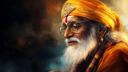 Serene elderly guru in saffron robes, rendered in vivid detail.