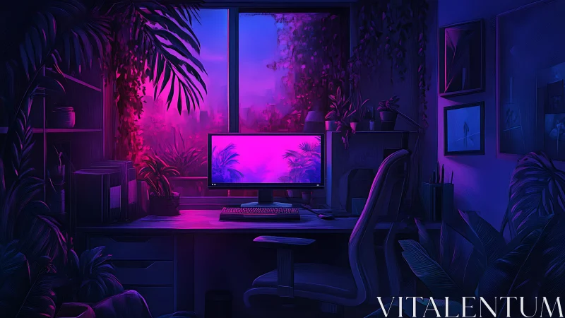 Neon-lit botanical workspace with ultrawide monitor glow.