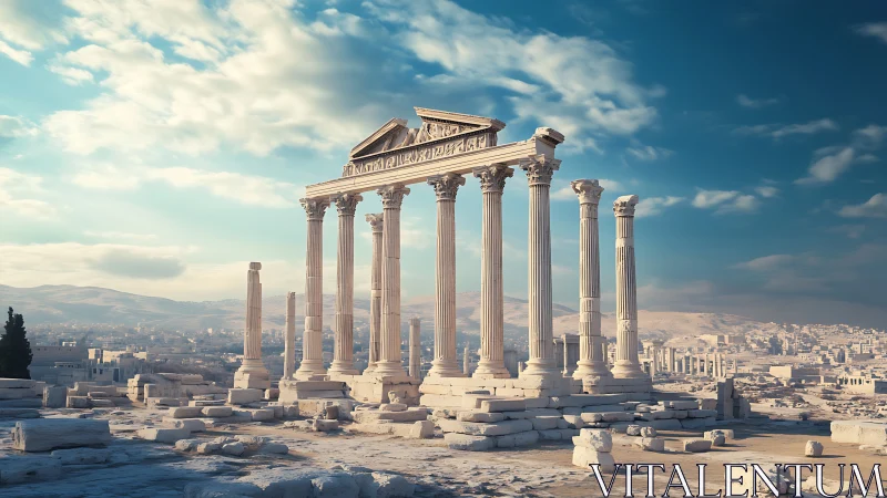 Ruined classical colonnade overlooking expansive ancient city.