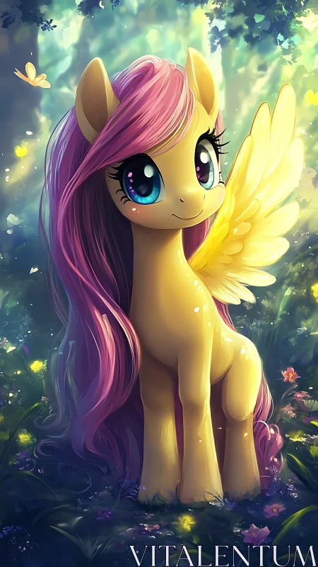 Golden pastel pegasus stands glowing in enchanted forest