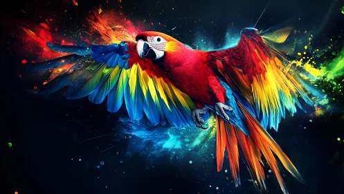 Vibrant Parrot in Flight, Digital Art with Colorful Splashes.