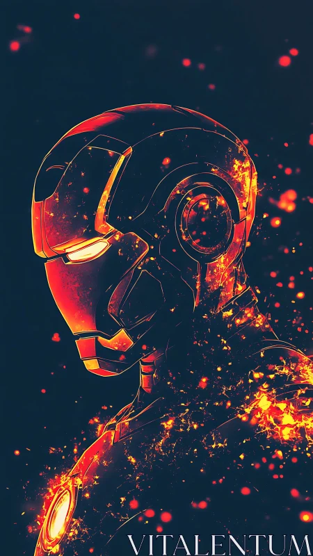 Stylized glowing armored figure in profile with sparks.