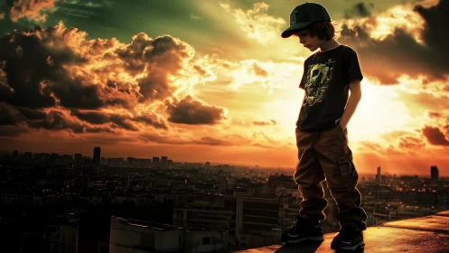 Youth Contemplation at Sunset Over Urban Landscape