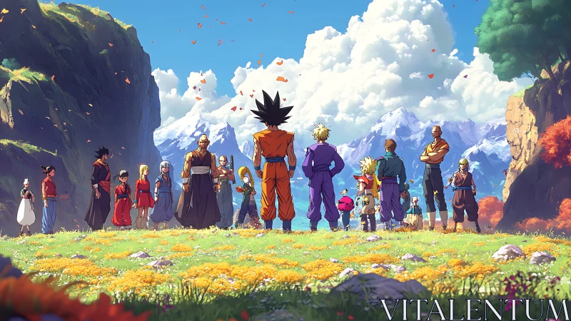 Heroic warriors assemble on alpine meadow under vivid skies.