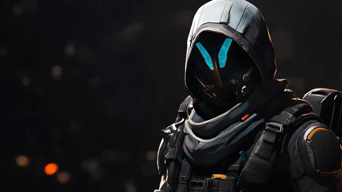 Hooded exosuit operative with teal visor highlights poised.