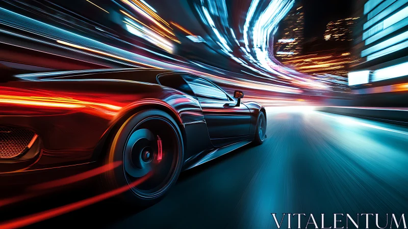 Sleek supercar cuts through neon city lights at high speed