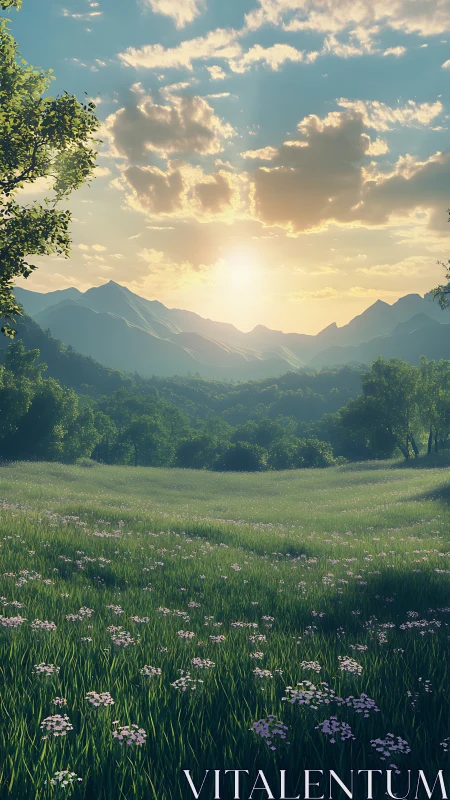 Sunlit mountain meadow with wildflowers under soft clouds.