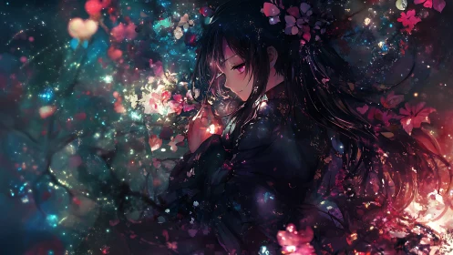 Nocturnal floral aurora around contemplative anime figure.