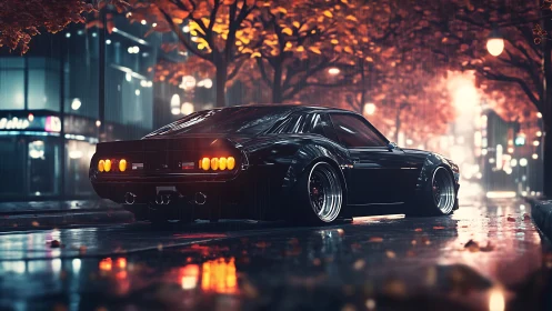 Black muscle car on wet city street under autumn lights.