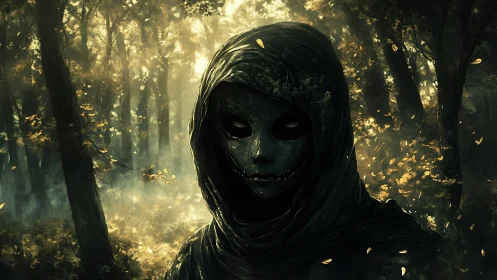 Hooded forest wraith watches from glowing autumn shadows
