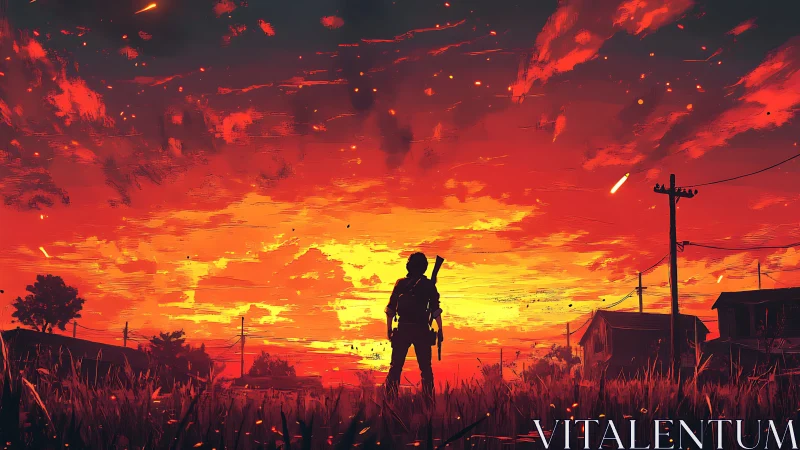 Fiery evening sky welcomes a lone wanderer home at dusk