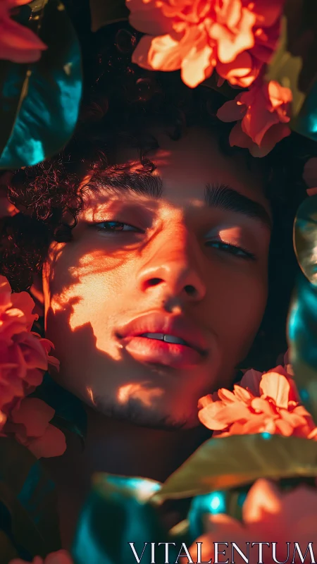 Close-up portrait amid orange florals with dappled sunlight