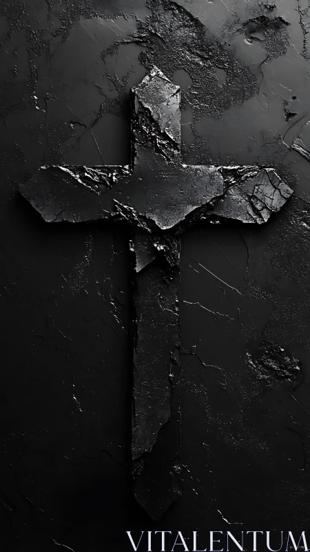 Rough black stone cross emerges from textured dark surface