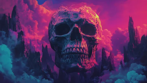 Neon skull monolith in chromatic stormscape, digital painting.