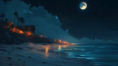 Moonlit tropical shoreline glows with warm coastal lights