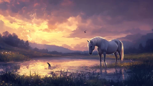 White horse beside reflective pond at vivid sunset.