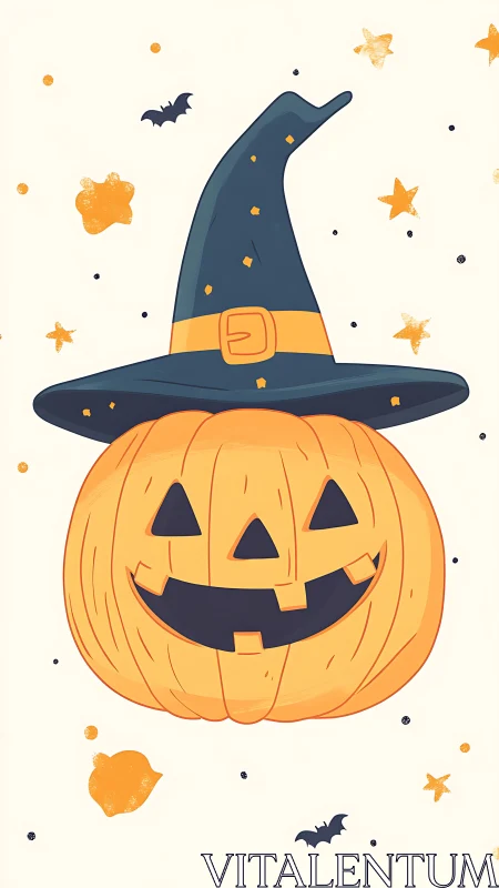 Playful Halloween pumpkin illustration with stylized witch hat.