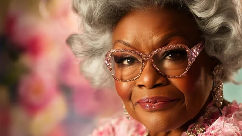 Elegant senior woman in sparkling pink glasses smiles warmly.
