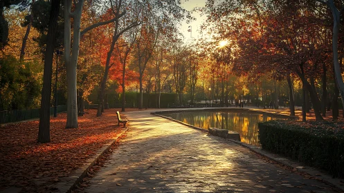 Autumn park path glows under low golden evening sun.
