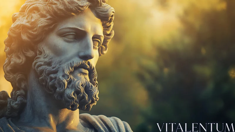 Sunlit stone philosopher gazes through a golden hush.
