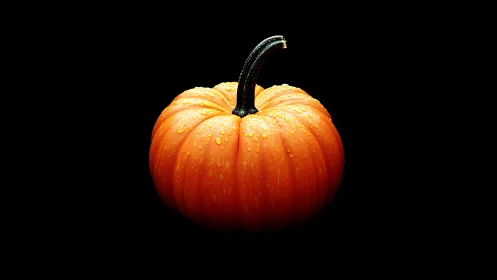 Dramatic pumpkin closeup under hard light on black background.