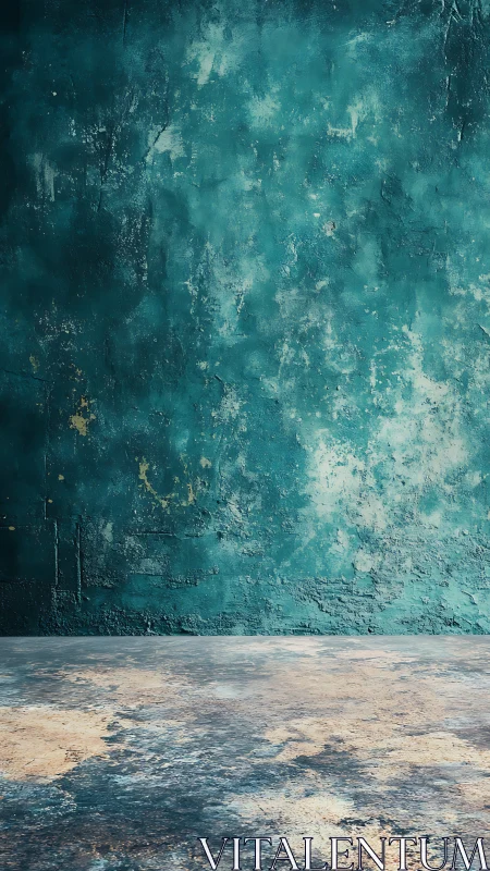 Textured turquoise wall with worn concrete floor surface.