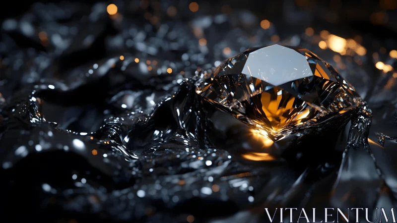 Brilliant diamond on glossy black surface with dramatic lighting.