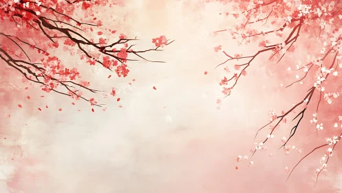 Delicate cherry blossoms drift across a soft pastel sky.