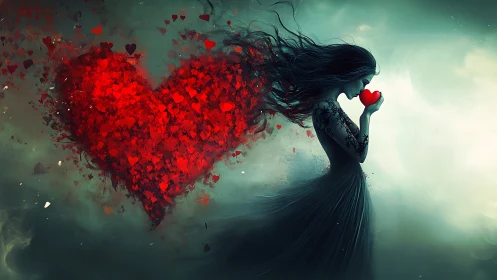 Ethereal Figure with Fragmenting Heart: Surreal Digital Composition.