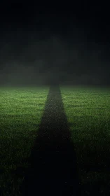 Narrow dark path across illuminated grass at night.