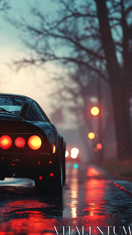 Retro sports car in neon rain along misty city street.