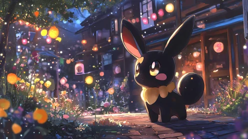 Nocturnal chibi creature under lantern-lit alleyway bokeh glow