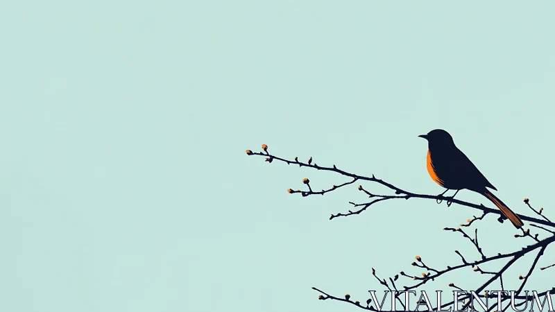 Minimalist bird silhouette on branch with soft pastel background.